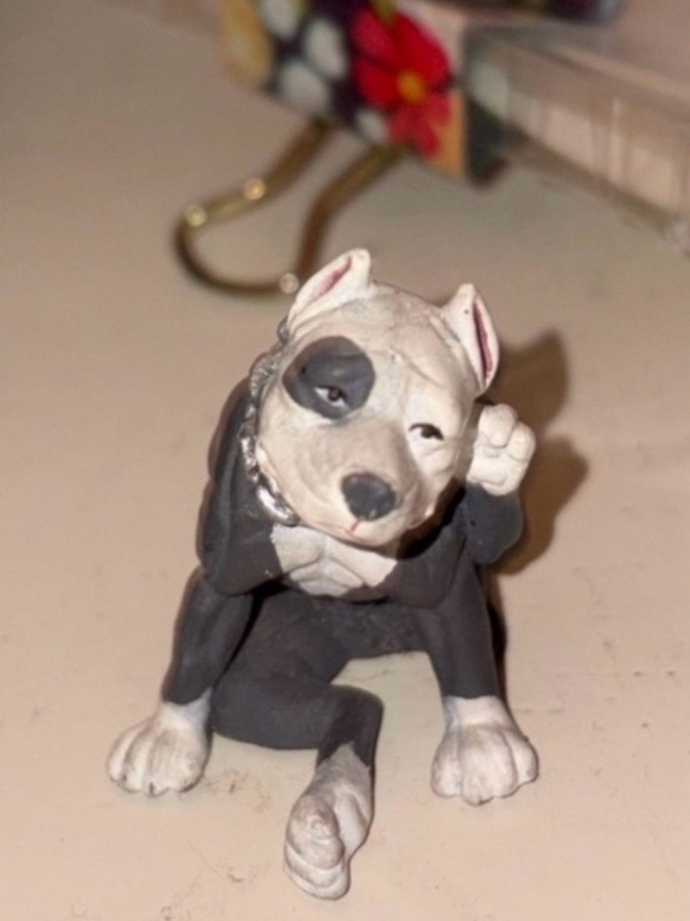 Gray and White Dog Figurine Statue. Miniature 2 inches approx. plastic.